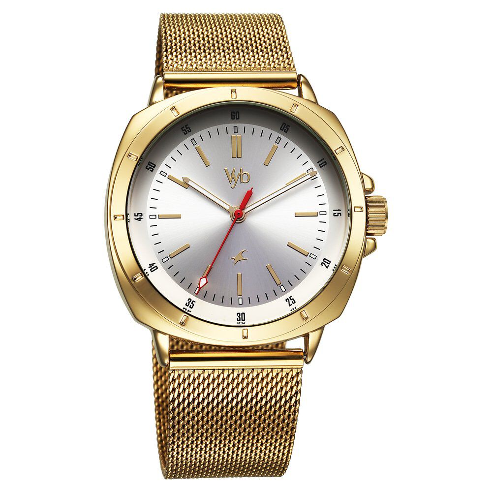 Fastrack Vyb Pioneer Quartz Analog Silver Dial Golden Metal Strap Watch For Guys FV30014YM01W