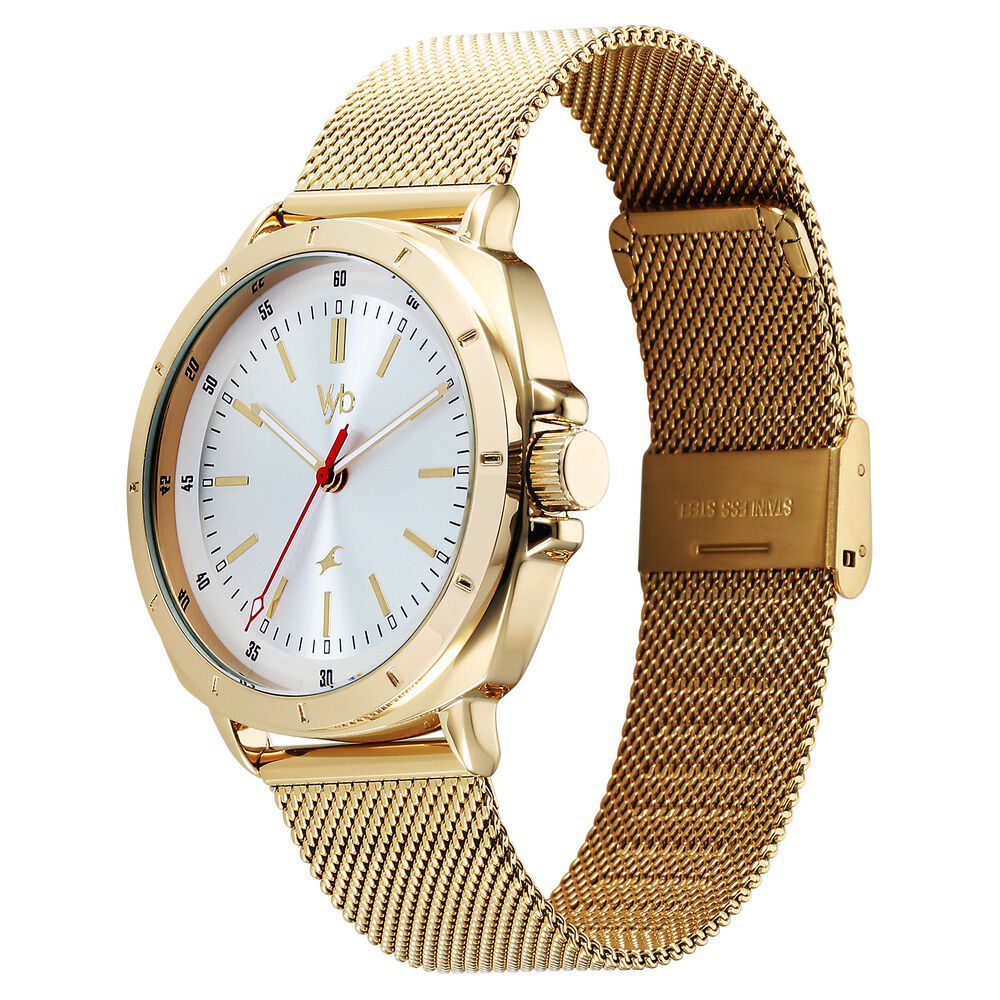Fastrack Vyb Pioneer Quartz Analog Silver Dial Golden Metal Strap Watch For Guys FV30014YM01W