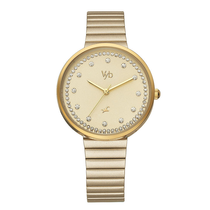 Fastrack Vyb Mirage Quartz Analog Golden Dial Stainless Steel Strap Watch for Girls FV60003YM01W