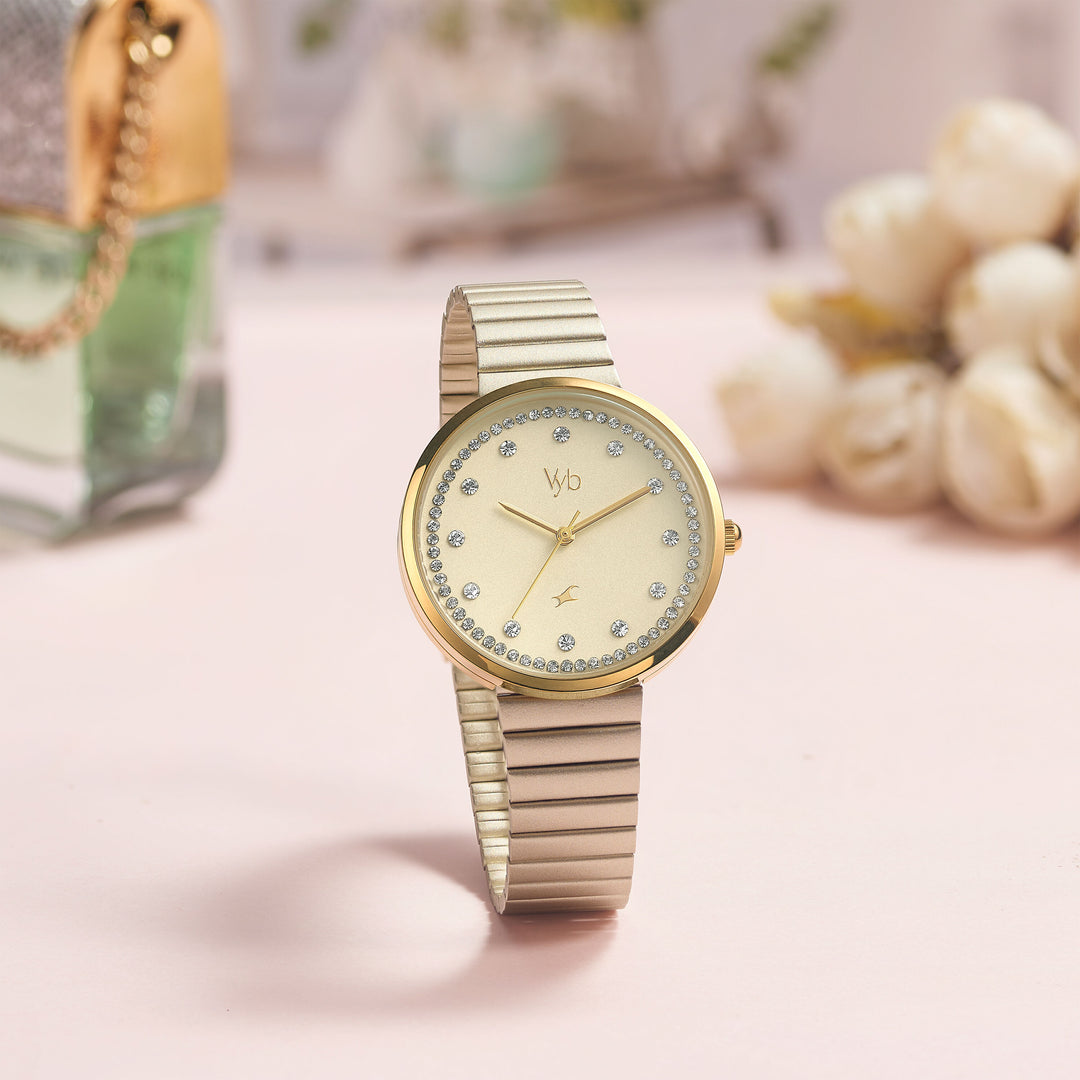 Fastrack Vyb Mirage Quartz Analog Golden Dial Stainless Steel Strap Watch for Girls FV60003YM01W