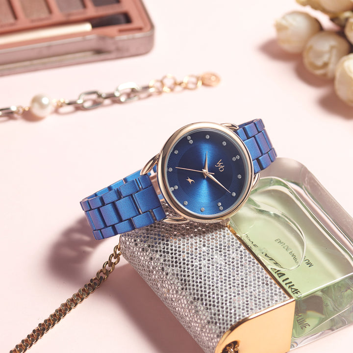 Fastrack Vyb Charmer Quartz Analog Blue Dial Stainless Steel Strap Watch for Girls FV60007KM01W