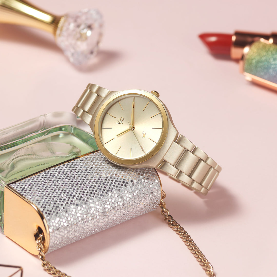 Fastrack Vyb Slayer Quartz Analog Golden Dial Metal Strap Watch for Girls FV60008YM01W