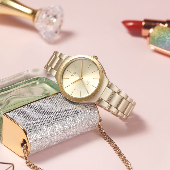 Fastrack Vyb Slayer Quartz Analog Golden Dial Metal Strap Watch for Girls FV60008YM01W