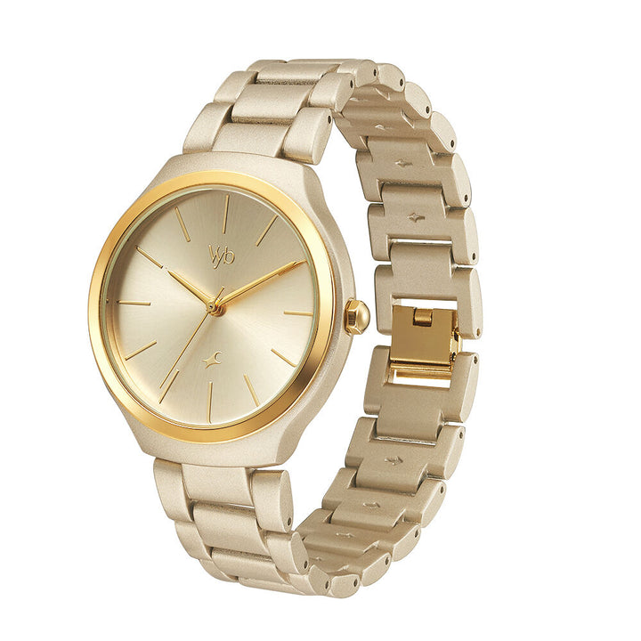 Fastrack Vyb Slayer Quartz Analog Golden Dial Metal Strap Watch for Girls FV60008YM01W