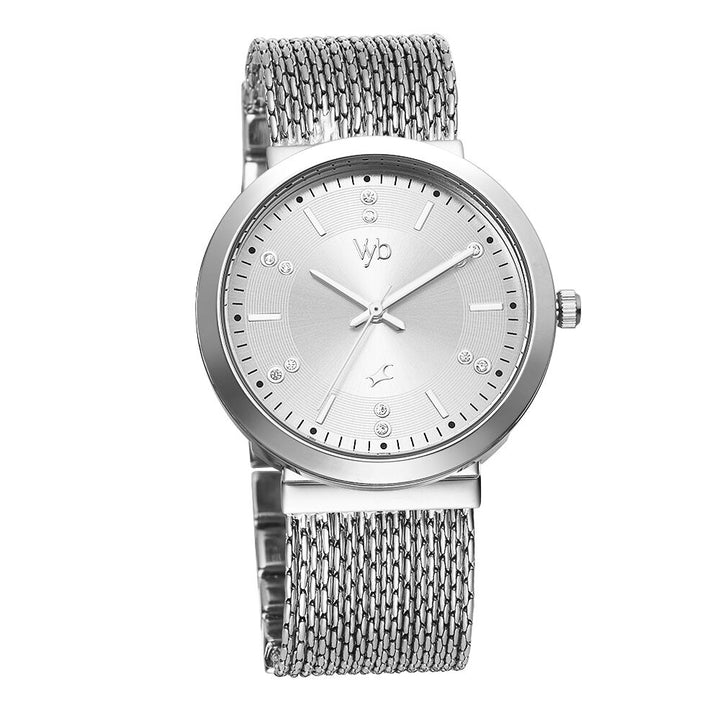 Fastrack Vyb Flare Quartz Analog Silver Dial Metal Strap Watch for Girls FV60011SM01W
