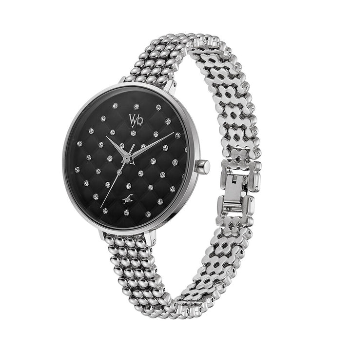 Fastrack Vyb Iconique Quartz Analog Black Dial Metal Strap Watch for Girls FV60014SM01W