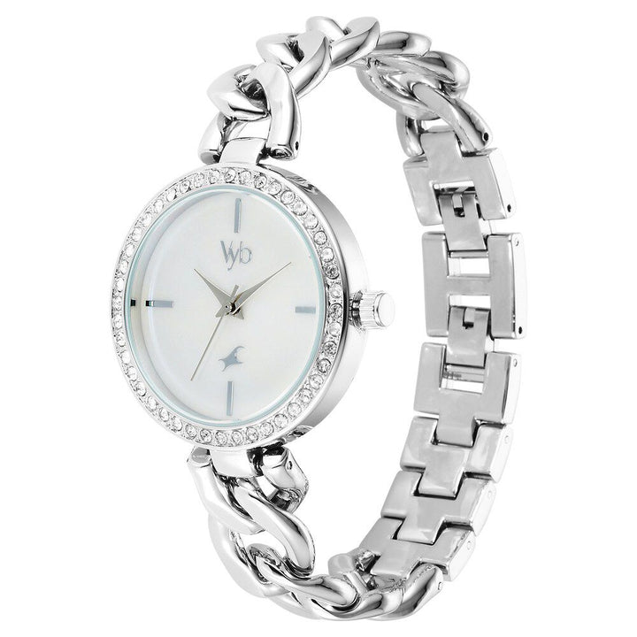 Fastrack Vyb Showstopper Quartz Analog Mother Of Pearl Dial Metal Strap Watch for Girls FV60026SM01W