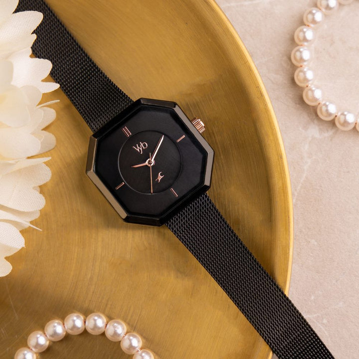 Fastrack Vyb Prodigy Quartz Analog Black Dial Stainless Steel Strap Watch for Girls FV60034KM01W