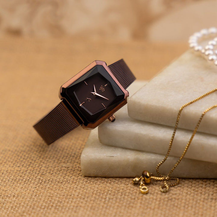 Fastrack Vyb Flare Quartz Analog Brown Dial Stainless Steel Strap Watch for Girls FV60036QM01W