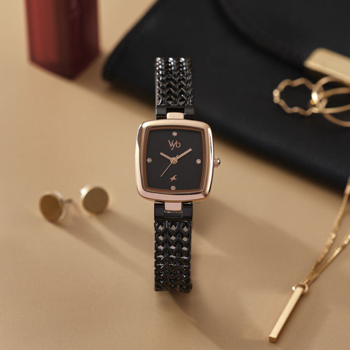 Fastrack Vyb Showstopper Quartz Analog Black Dial Black Metal Strap Watch For Girls FV60042KM01W