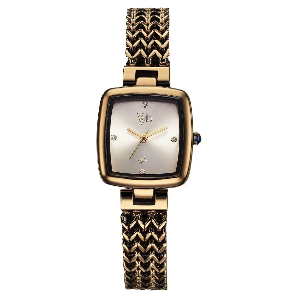 Fastrack Vyb Showstopper Quartz Analog Golden Dial Brown Metal Strap Watch For Girls FV60042QM01W