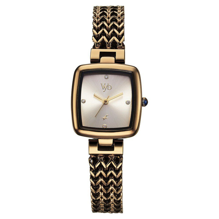 Fastrack Vyb Showstopper Quartz Analog Golden Dial Brown Metal Strap Watch For Girls FV60042QM01W