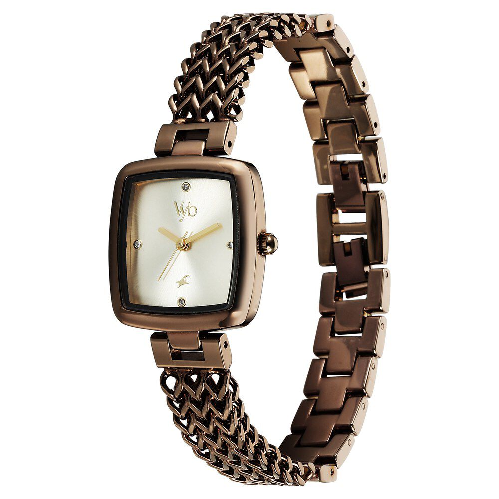 Fastrack Vyb Showstopper Quartz Analog Golden Dial Brown Metal Strap Watch For Girls FV60042QM01W
