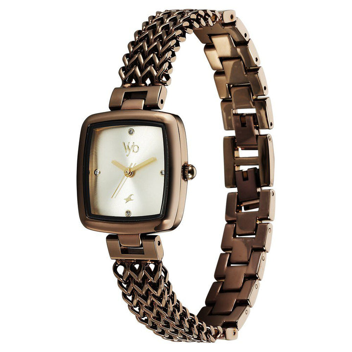 Fastrack Vyb Showstopper Quartz Analog Golden Dial Brown Metal Strap Watch For Girls FV60042QM01W