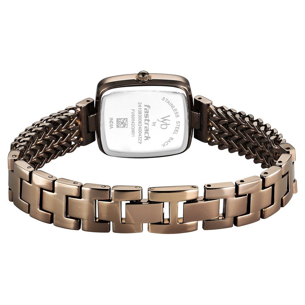 Fastrack Vyb Showstopper Quartz Analog Golden Dial Brown Metal Strap Watch For Girls FV60042QM01W