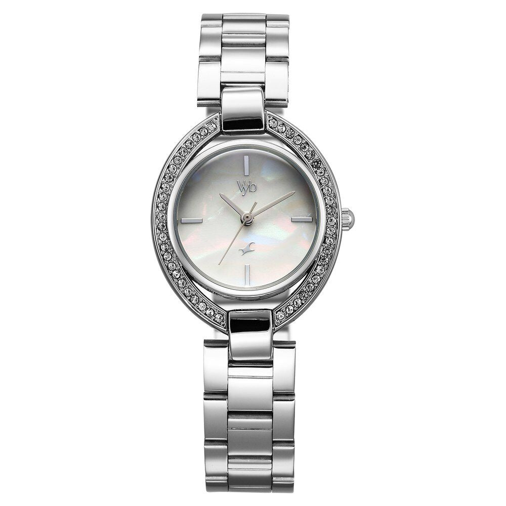 Fastrack Vyb Celeste Quartz Analog Mother of Pearl Dial Silver Color Metal Strap Watch For Girls FV60043SM01W