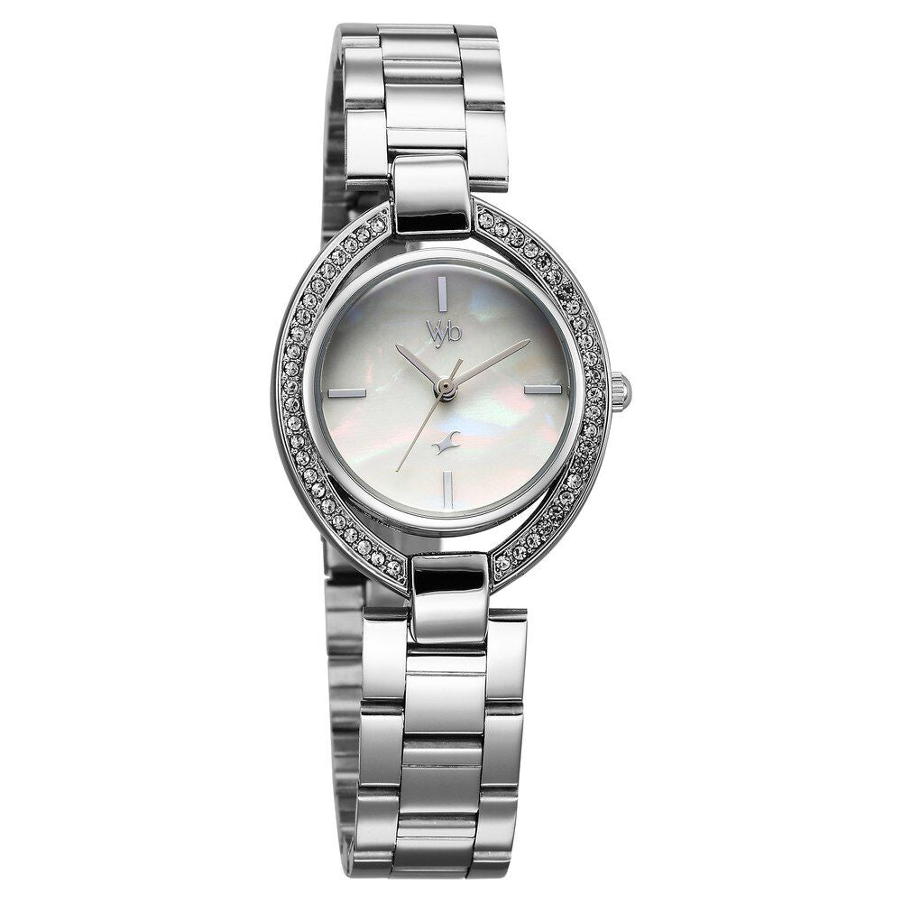 Fastrack Vyb Celeste Quartz Analog Mother of Pearl Dial Silver Color Metal Strap Watch For Girls FV60043SM01W