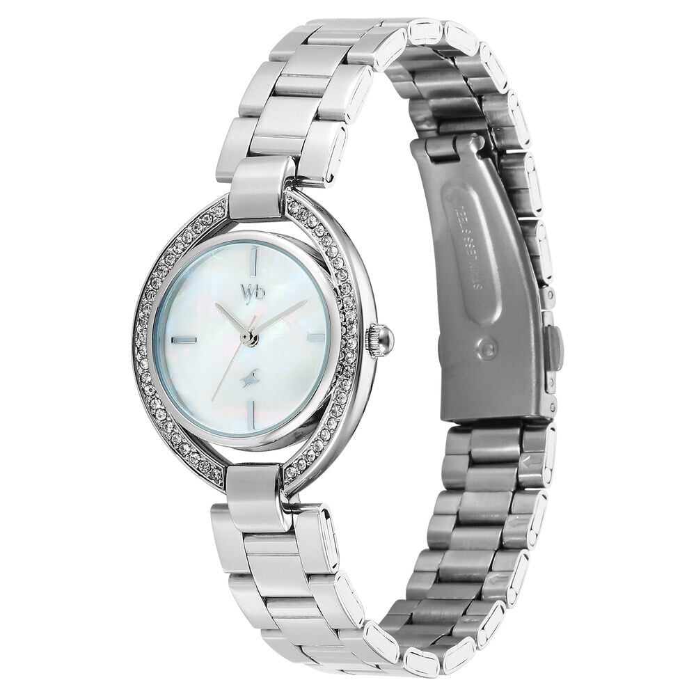 Fastrack Vyb Celeste Quartz Analog Mother of Pearl Dial Silver Color Metal Strap Watch For Girls FV60043SM01W