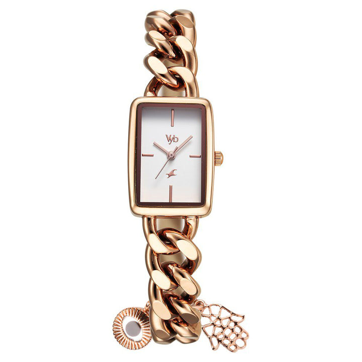Fastrack Vyb Prodigy Quartz Analog White Dial Rose Gold Color Metal Strap Watch For Girls FV60048WM01W