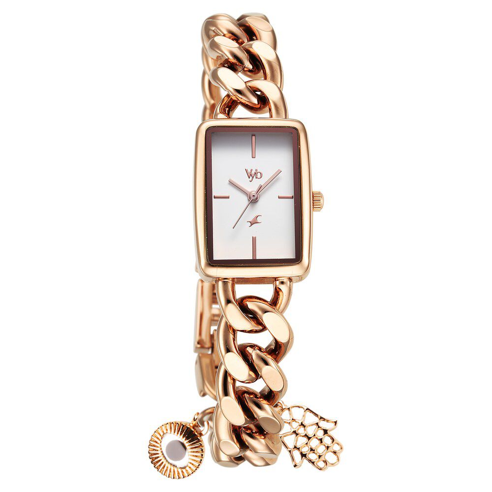Fastrack Vyb Prodigy Quartz Analog White Dial Rose Gold Color Metal Strap Watch For Girls FV60048WM01W