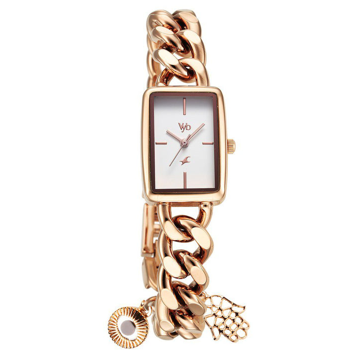 Fastrack Vyb Prodigy Quartz Analog White Dial Rose Gold Color Metal Strap Watch For Girls FV60048WM01W