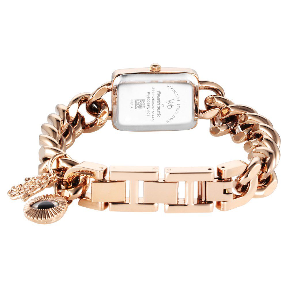 Fastrack Vyb Prodigy Quartz Analog White Dial Rose Gold Color Metal Strap Watch For Girls FV60048WM01W