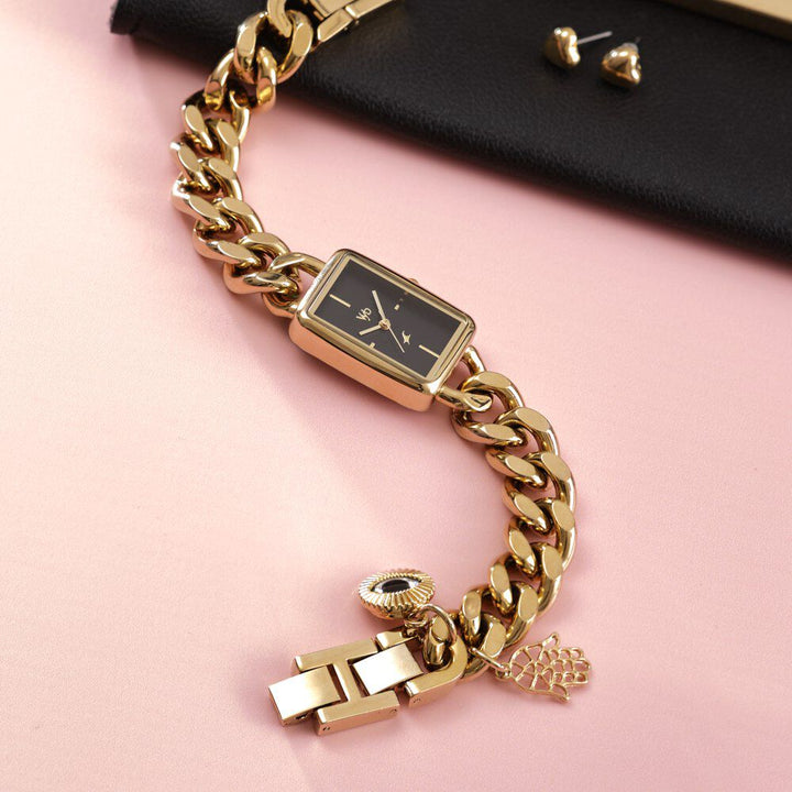 Fastrack Vyb Prodigy Quartz Analog Black Dial Golden Color Metal Strap Watch For Girls FV60048YM01W