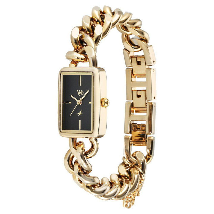 Fastrack Vyb Prodigy Quartz Analog Black Dial Golden Color Metal Strap Watch For Girls FV60048YM01W