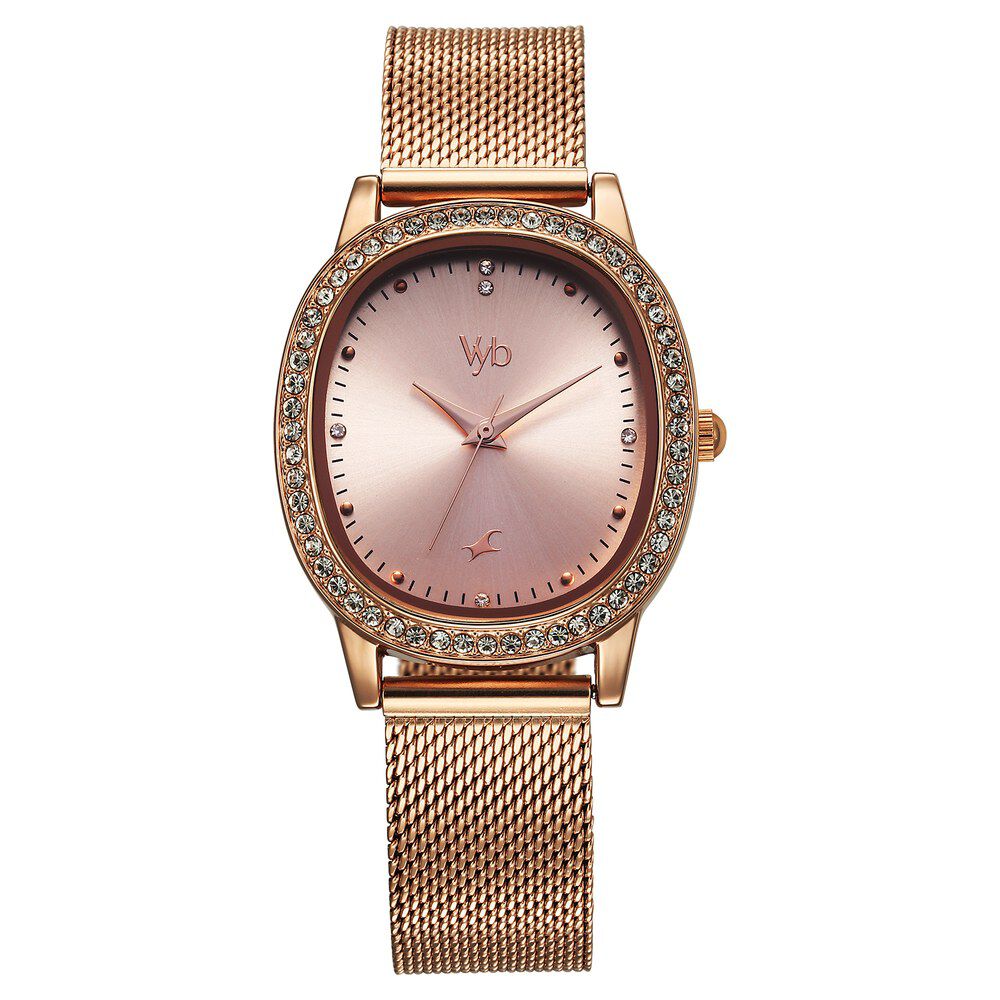 Fastrack Vyb Mirage Quartz Analog Rose Gold Dial Rose Gold Color Metal Strap Watch For Girls FV60049WM01W