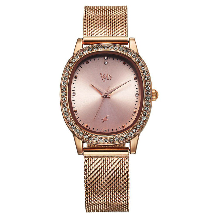 Fastrack Vyb Mirage Quartz Analog Rose Gold Dial Rose Gold Color Metal Strap Watch For Girls FV60049WM01W