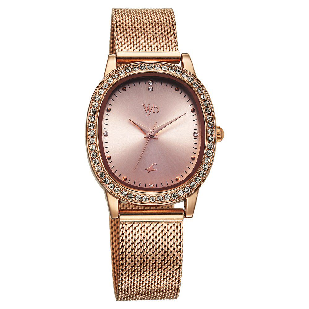 Fastrack Vyb Mirage Quartz Analog Rose Gold Dial Rose Gold Color Metal Strap Watch For Girls FV60049WM01W