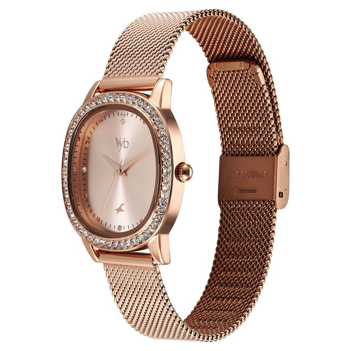 Fastrack Vyb Mirage Quartz Analog Rose Gold Dial Rose Gold Color Metal Strap Watch For Girls FV60049WM01W