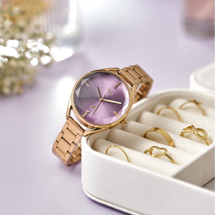 Fastrack Vyb Aurora Quartz Analog Purple Dial Rose Gold Color Metal Strap Watch for Girls - FV60052WM01W