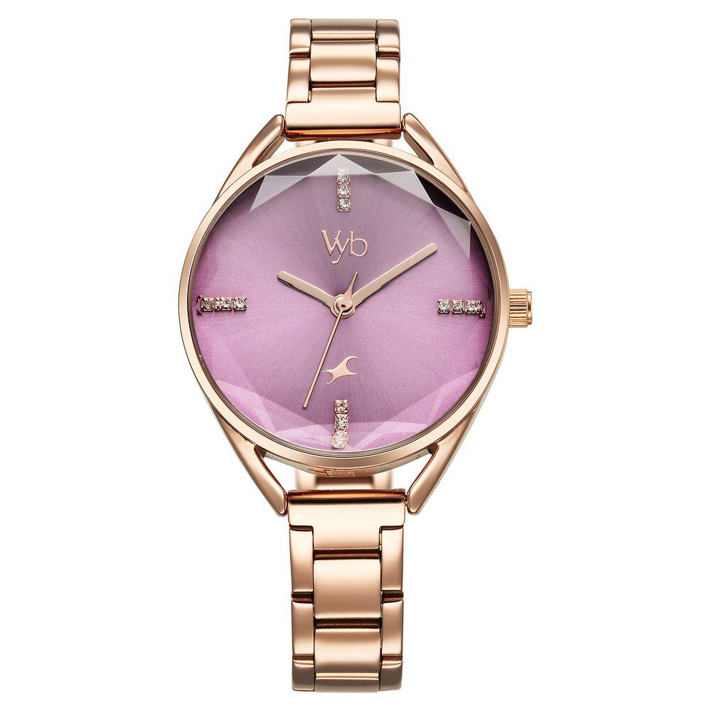 Fastrack Vyb Aurora Quartz Analog Purple Dial Rose Gold Color Metal Strap Watch for Girls - FV60052WM01W