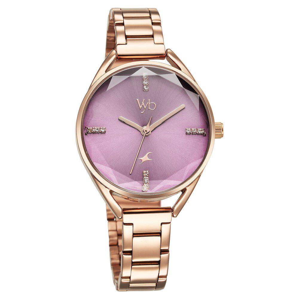 Fastrack Vyb Aurora Quartz Analog Purple Dial Rose Gold Color Metal Strap Watch for Girls - FV60052WM01W