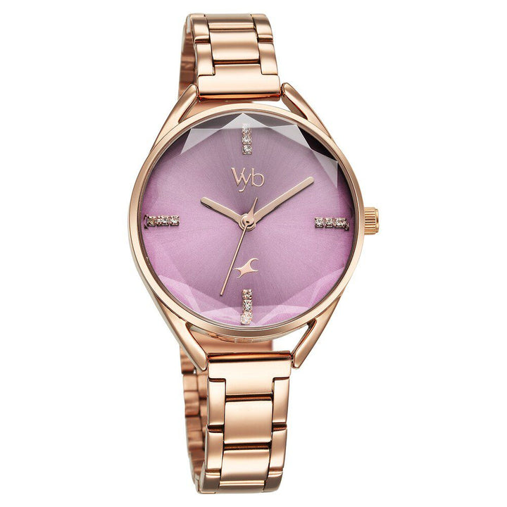 Fastrack Vyb Aurora Quartz Analog Purple Dial Rose Gold Color Metal Strap Watch for Girls - FV60052WM01W