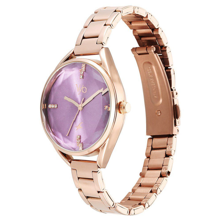 Fastrack Vyb Aurora Quartz Analog Purple Dial Rose Gold Color Metal Strap Watch for Girls - FV60052WM01W