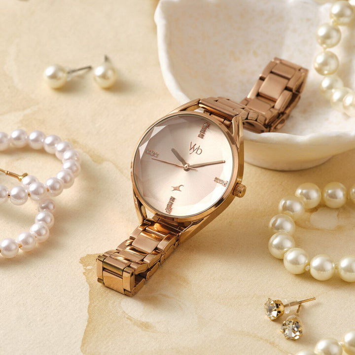 Fastrack Vyb Aurora Quartz Analog Rose Gold Dial Rose Gold Color Metal Strap Watch for Girls - FV60052WM02W