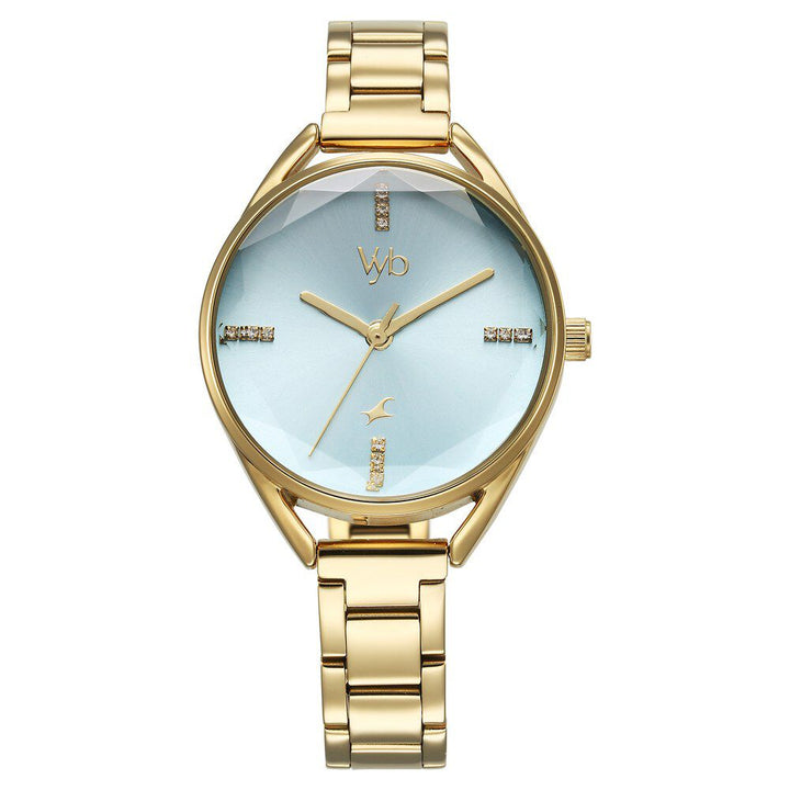 Fastrack Vyb Aurora Quartz Analog Green Dial Golden Color Metal Strap Watch for Girls FV60052YM01W