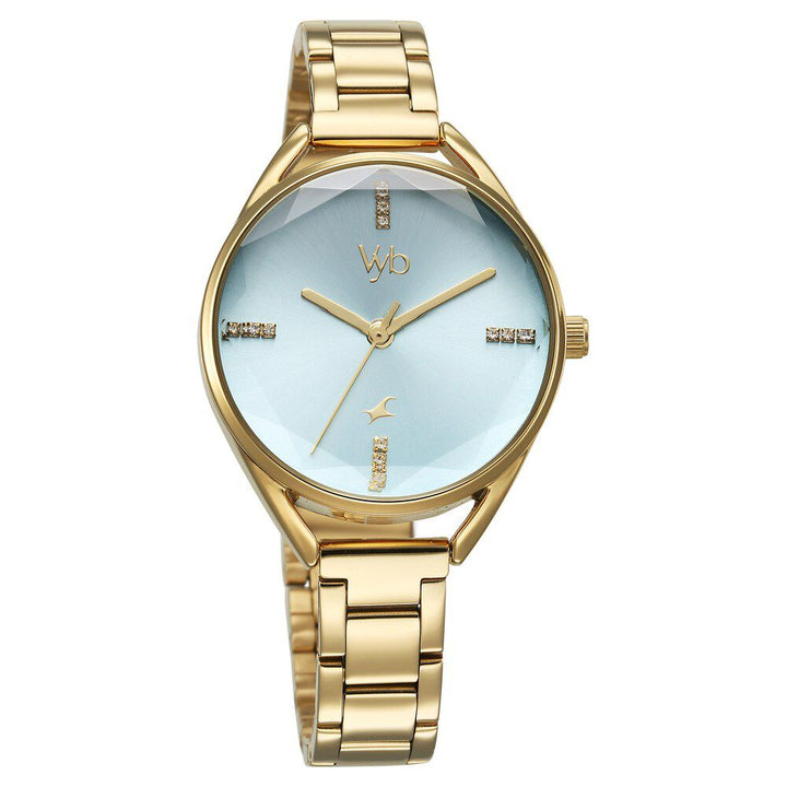 Fastrack Vyb Aurora Quartz Analog Green Dial Golden Color Metal Strap Watch for Girls FV60052YM01W