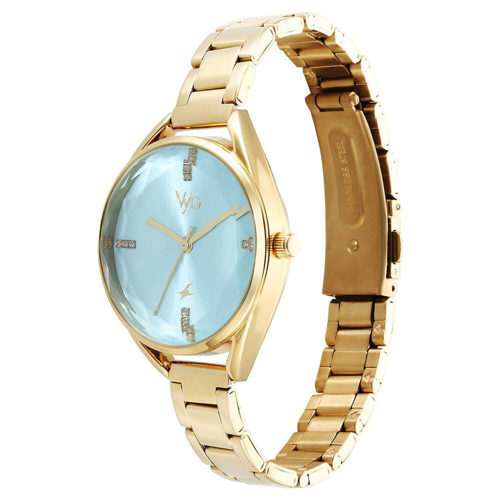 Fastrack Vyb Aurora Quartz Analog Green Dial Golden Color Metal Strap Watch for Girls FV60052YM01W