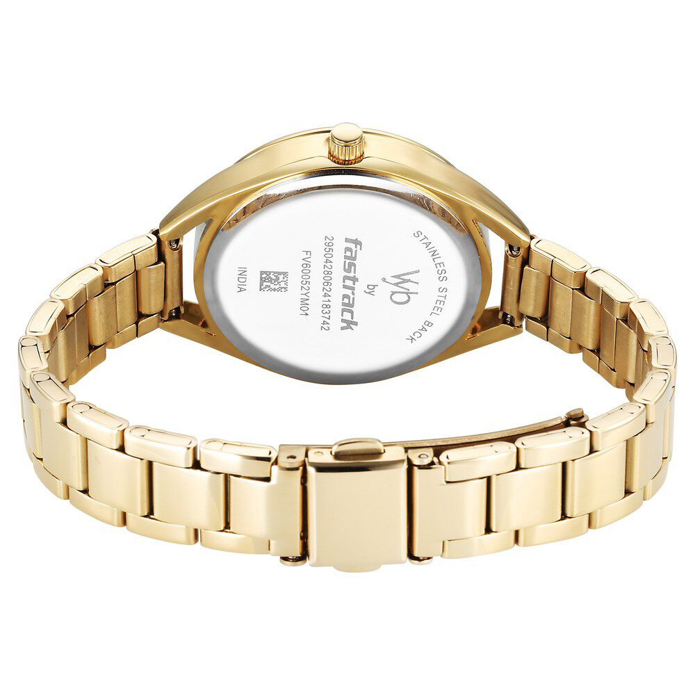 Fastrack Vyb Aurora Quartz Analog Green Dial Golden Color Metal Strap Watch for Girls FV60052YM01W