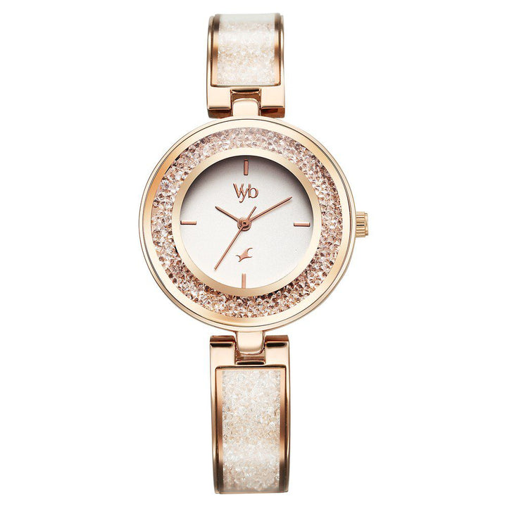 Fastrack Vyb Starlet Quartz Analog White Dial Rose Gold Color Metal Strap Watch For Girls FV60053WM01W