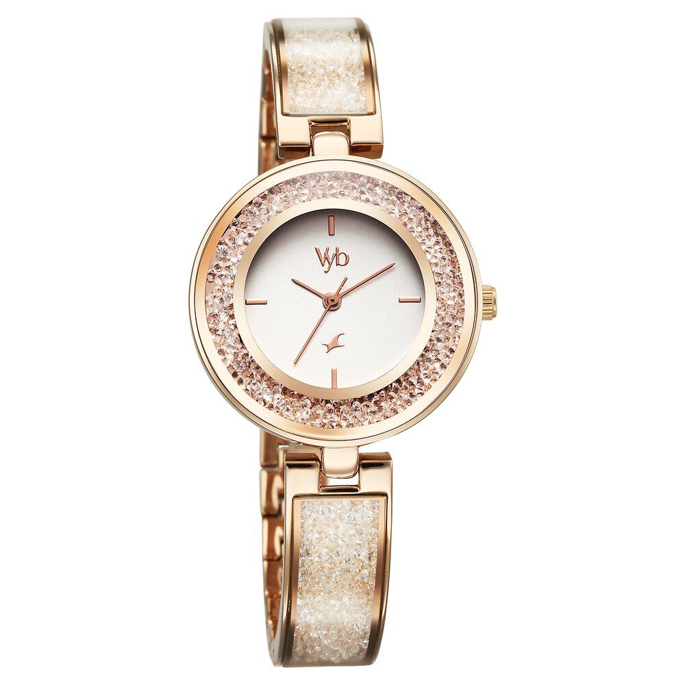 Fastrack Vyb Starlet Quartz Analog White Dial Rose Gold Color Metal Strap Watch For Girls FV60053WM01W