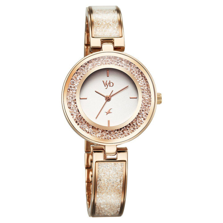 Fastrack Vyb Starlet Quartz Analog White Dial Rose Gold Color Metal Strap Watch For Girls FV60053WM01W