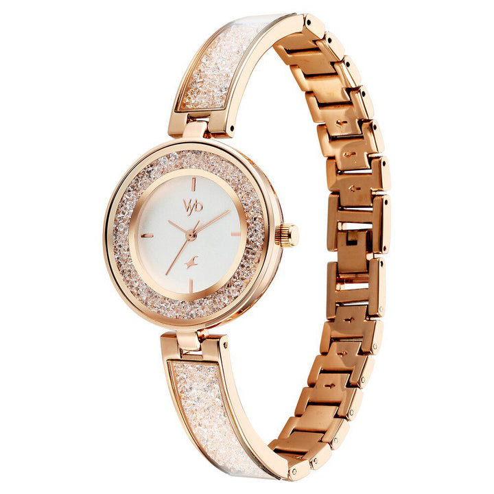 Fastrack Vyb Starlet Quartz Analog White Dial Rose Gold Color Metal Strap Watch For Girls FV60053WM01W