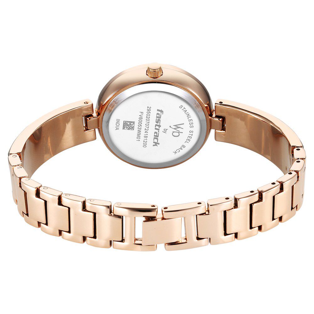 Fastrack Vyb Starlet Quartz Analog White Dial Rose Gold Color Metal Strap Watch For Girls FV60053WM01W