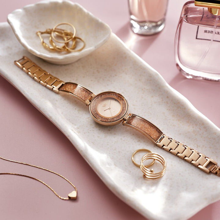 Fastrack Vyb Starlet Quartz Analog Pink Dial Rose Gold Color Metal Strap Watch For Girls FV60053WM02W