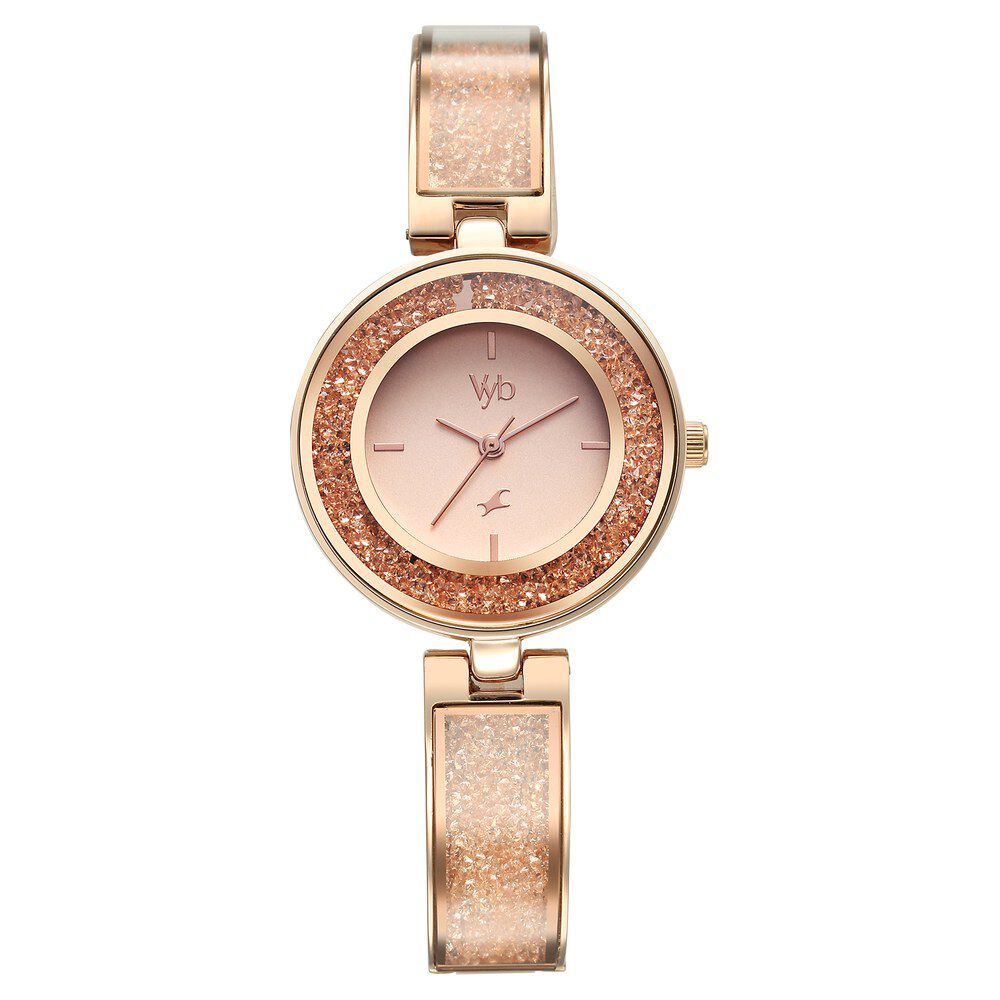 Fastrack Vyb Starlet Quartz Analog Pink Dial Rose Gold Color Metal Strap Watch For Girls FV60053WM02W