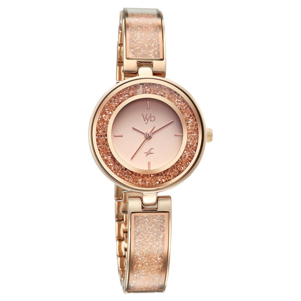 Fastrack Vyb Starlet Quartz Analog Pink Dial Rose Gold Color Metal Strap Watch For Girls FV60053WM02W